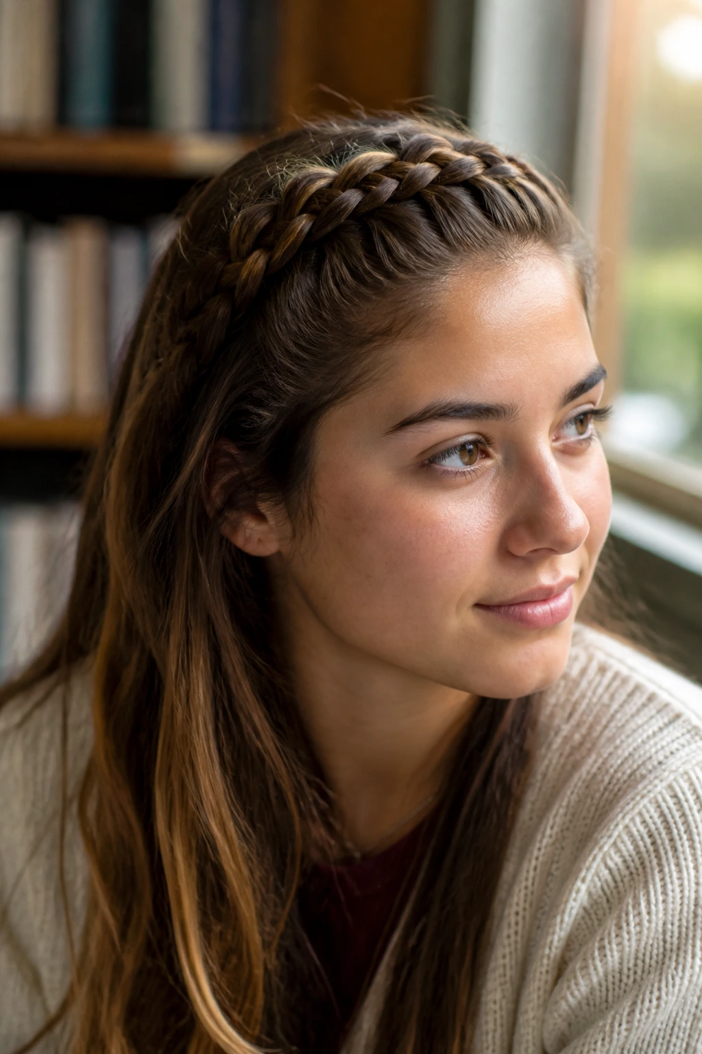 Real person with Dutch braid headband around the hairline