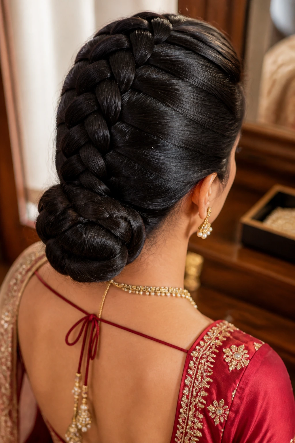 Rear view of a tight Dutch braid leading into a low bun