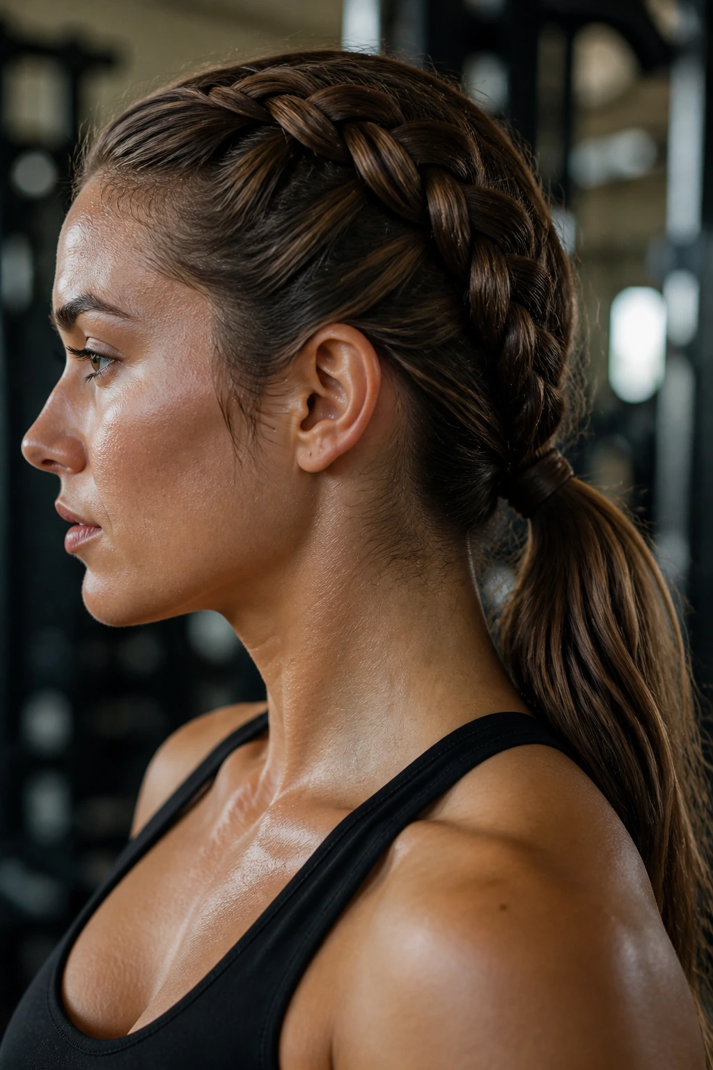 Close-up portrait showing a Dutch braid into a low pony during workout