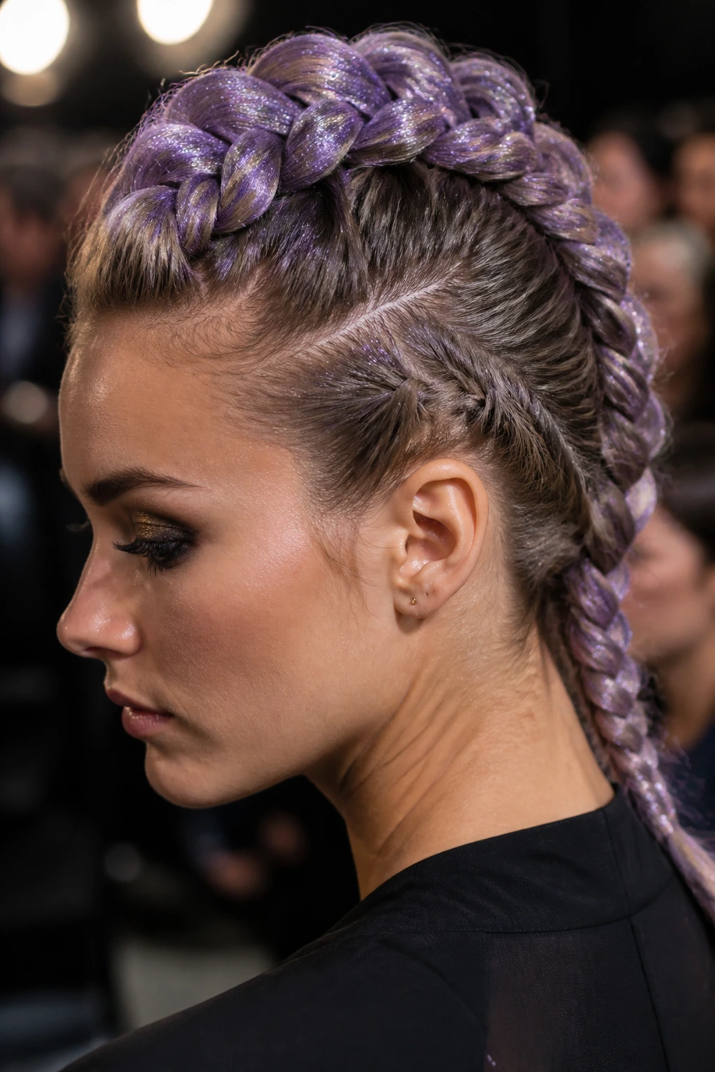 Close-up of real woman's head showing lilac Dutch braid mohawk with glitter fill