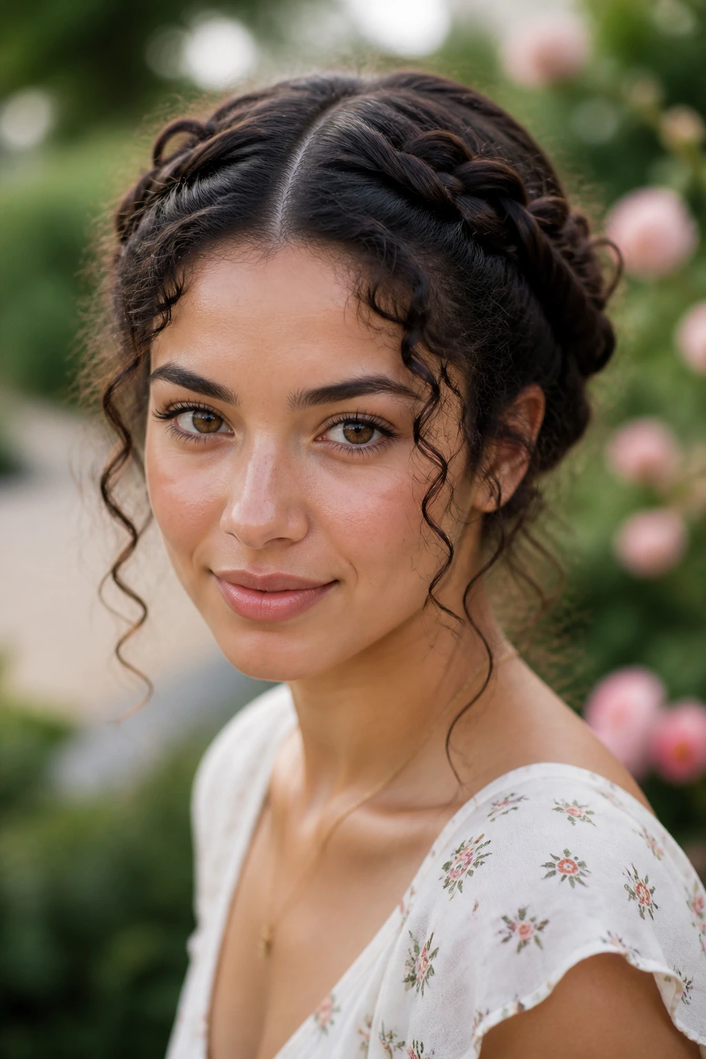 Close-up of a real woman with Dutch braided crowns and loose tendrils