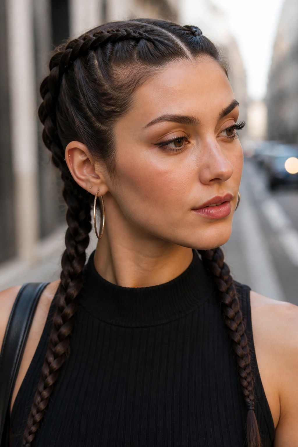 Close-up of a real woman with tight Dutch braids in a modern look