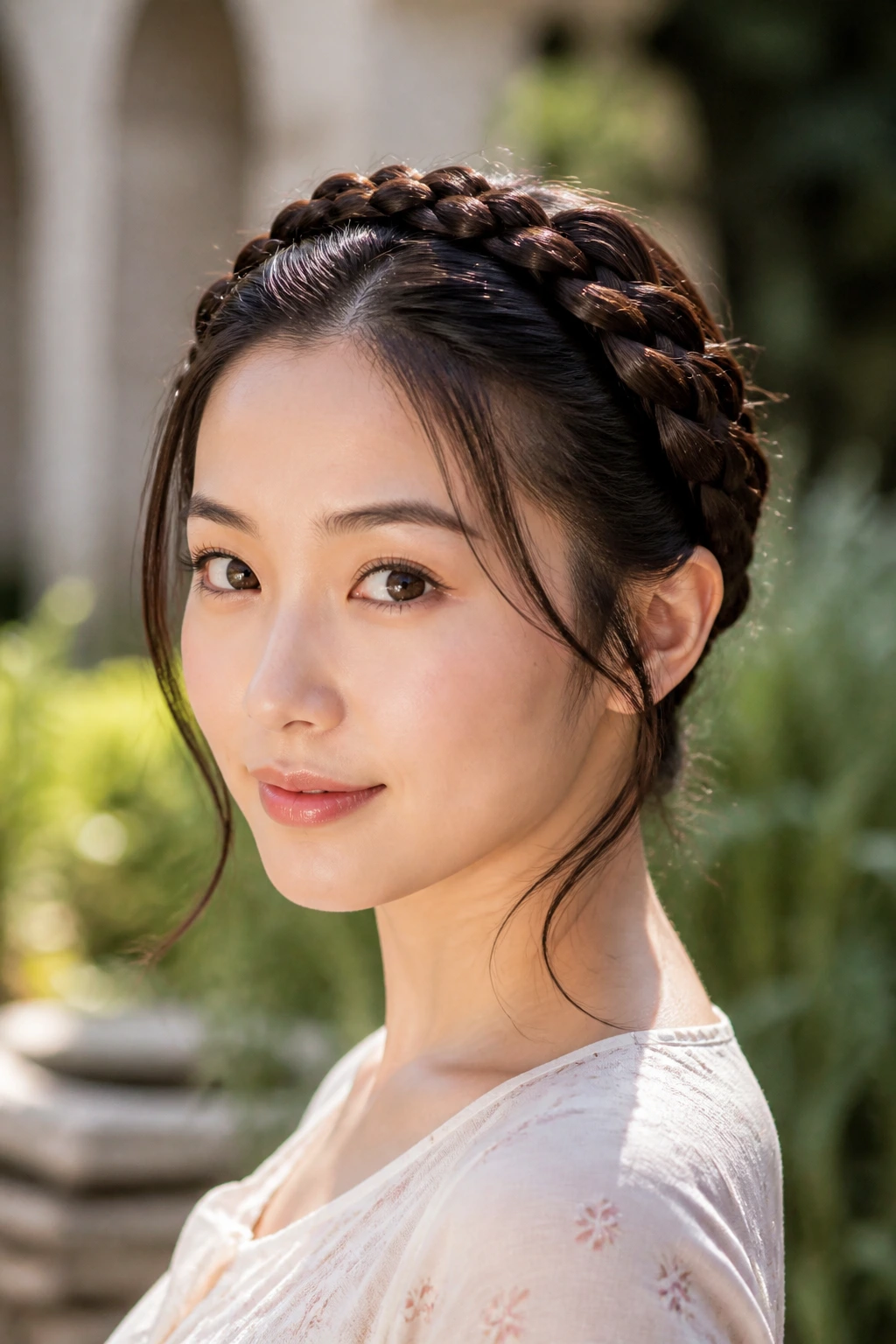 Real woman with Dutch-braided crown and tendrils framing the temples