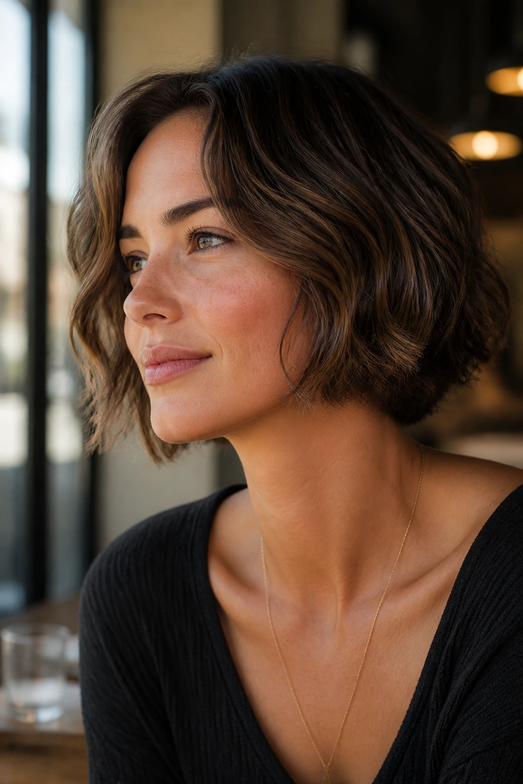 Close-up of a real person with ear-grazing wavy bob in cafe daylight