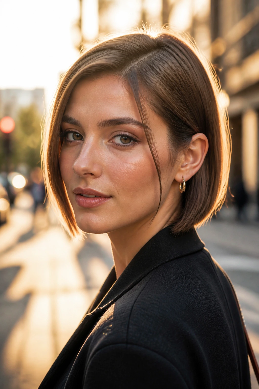 Close-up of a real woman with ear-tuckable chin-length bob tucked behind the ear in golden hour street setting