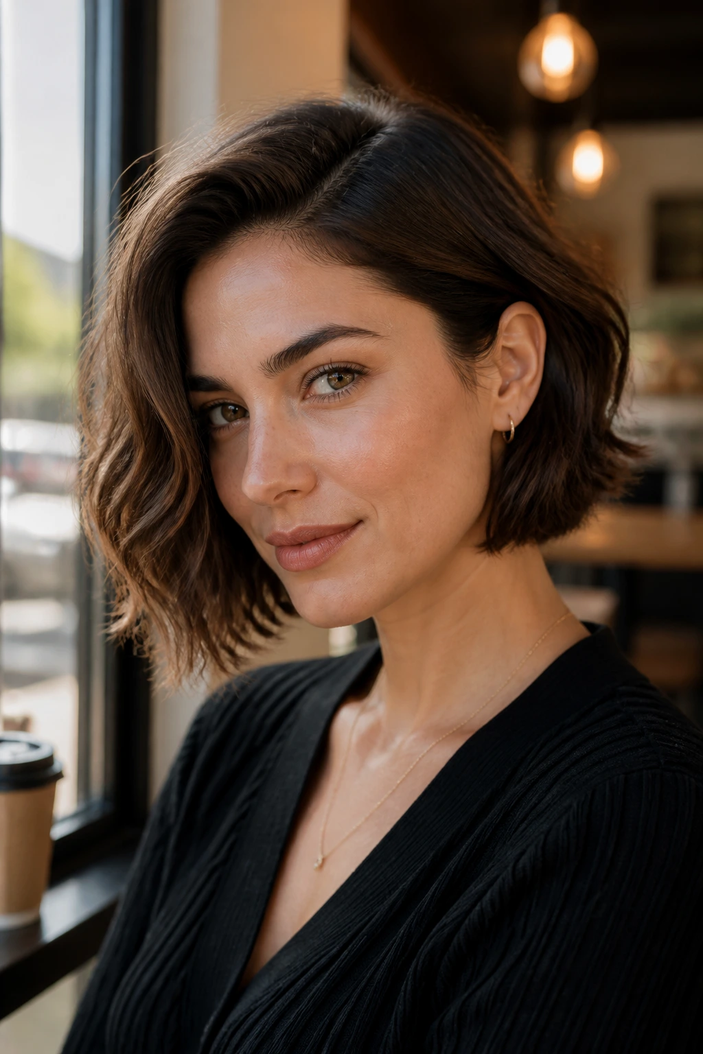 Close-up portrait of a woman with an ear-tucked bob in a bright cafe setting