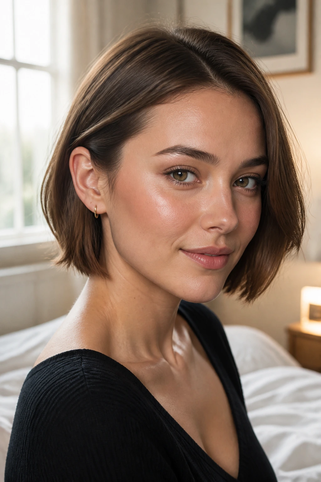 Real woman with hair tucked behind ears highlighting jawline