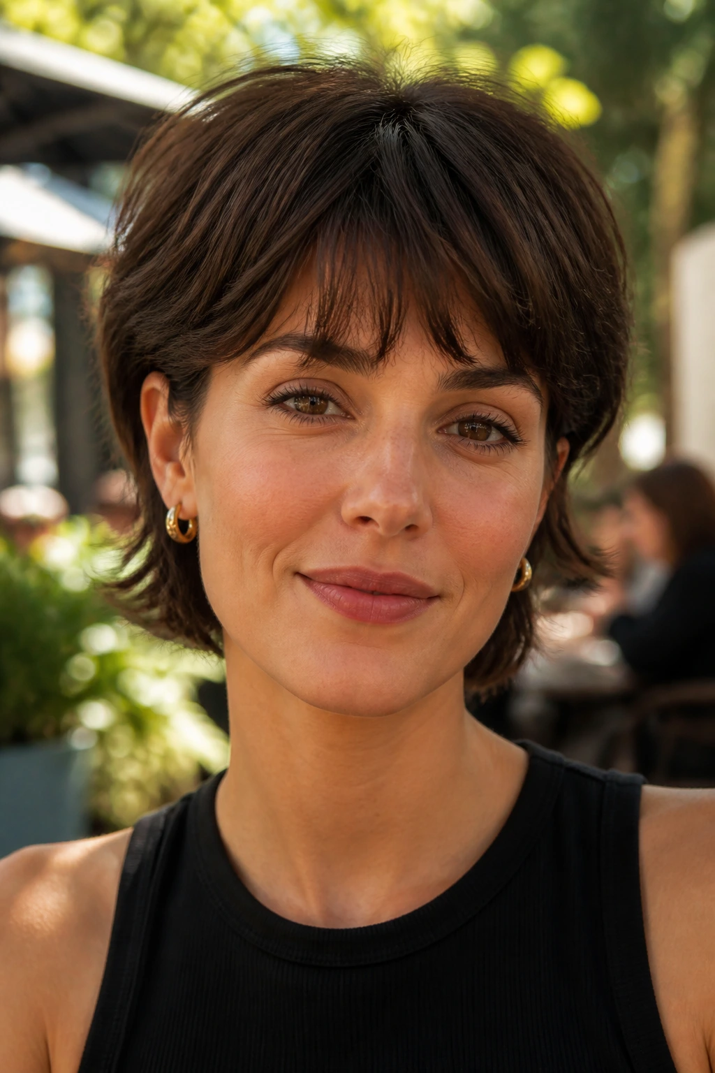 Close-up of a real person wearing an ear-tucked shaggy bob in an outdoor cafe setting