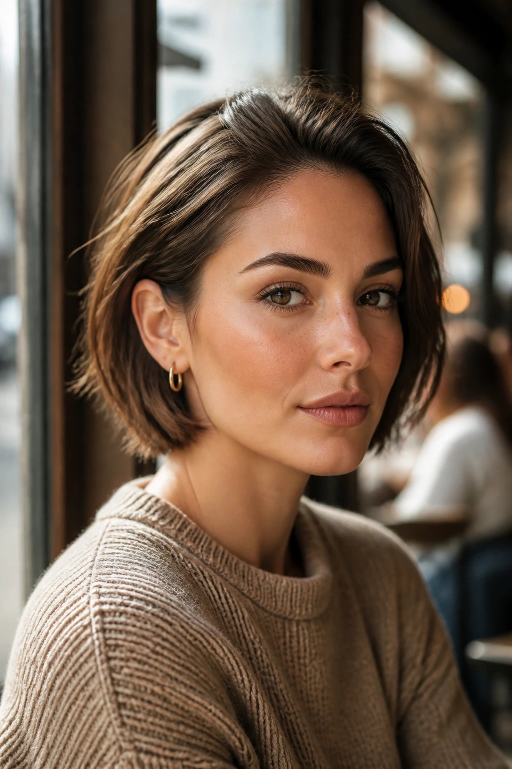 Close-up portrait of a real woman with a textured ear-tucked bob in cafe window light