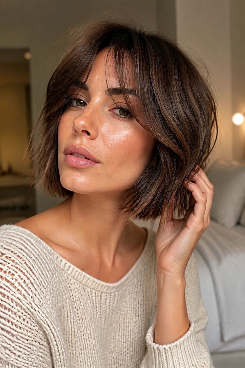 Real person with effortless angular bob styling in natural light