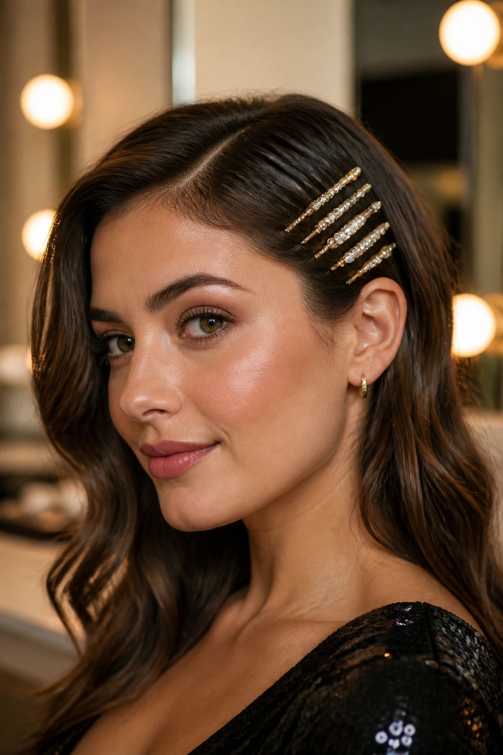 Woman with embellished bobby pins along the side of her head.