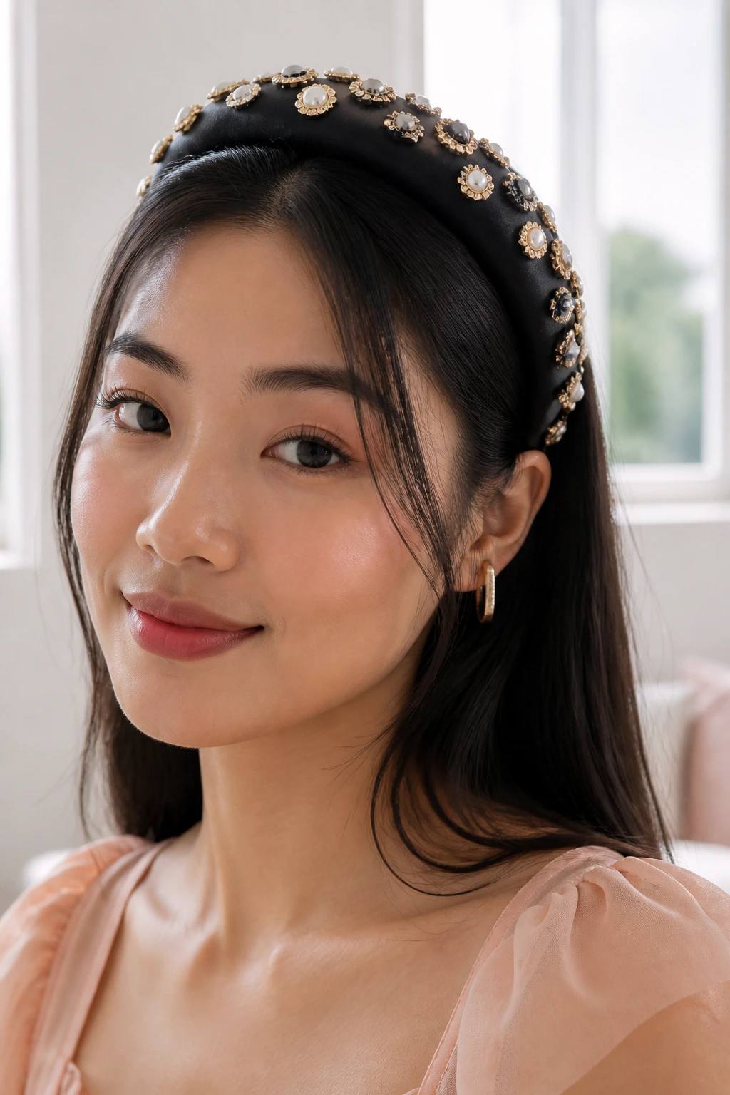 Real woman wearing an embellished padded headband
