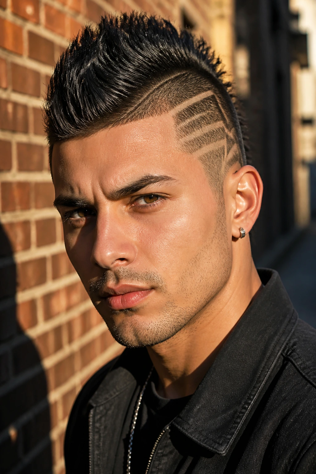 Person with a mohawk featuring shaved geometric lines on the sides