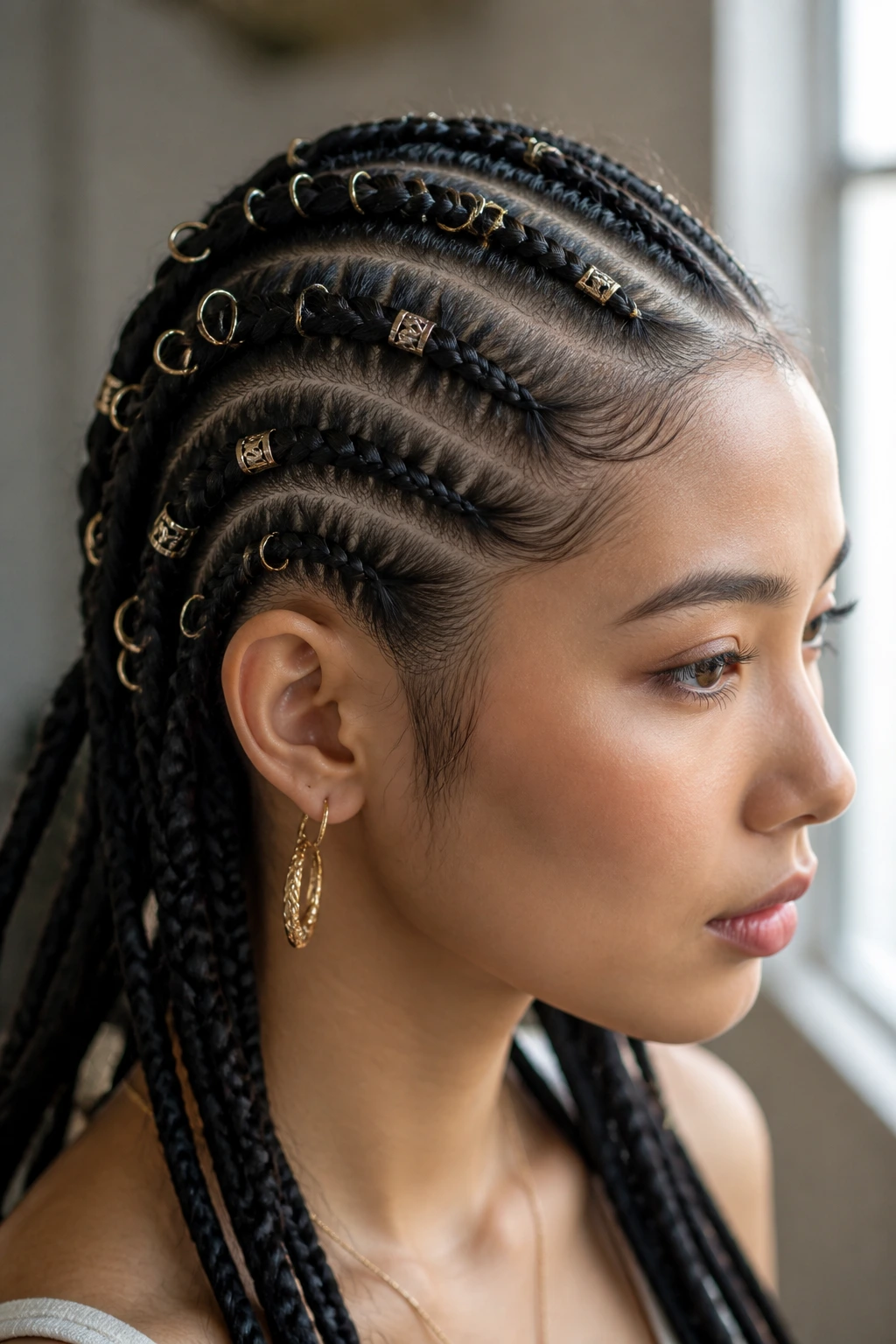 Real person with cornrows decorated with metallic embellishments