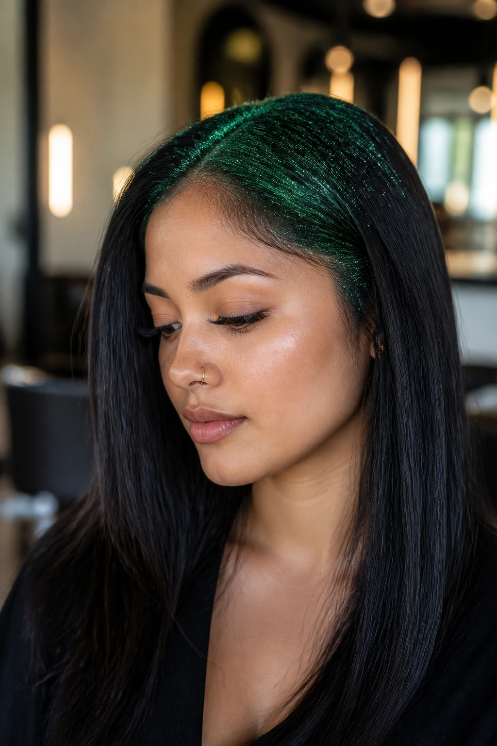 Close-up of Latina woman with emerald glitter root fade from crown to hairline