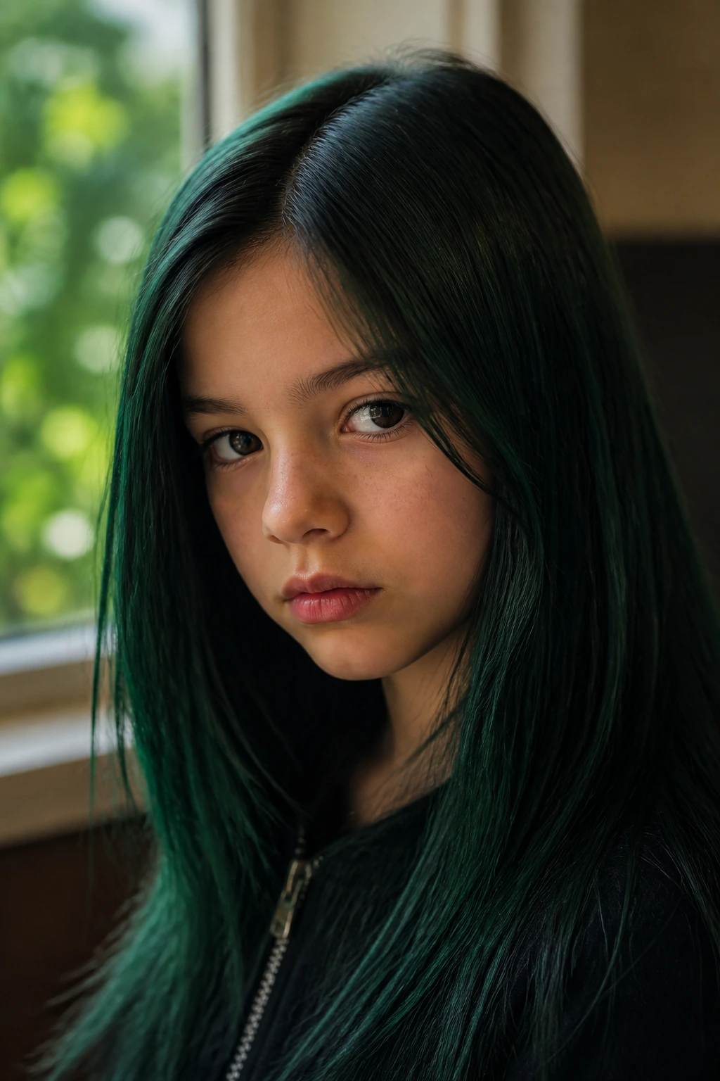 Close-up of a child with emerald green hair in a setting with greenery outside