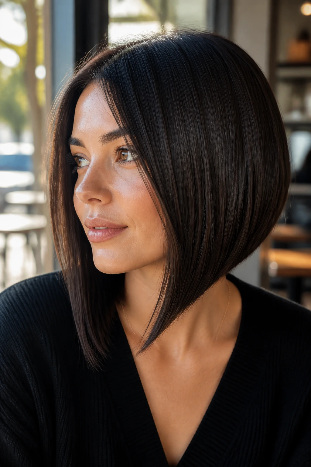 Close-up of real woman with espresso A-line bob
