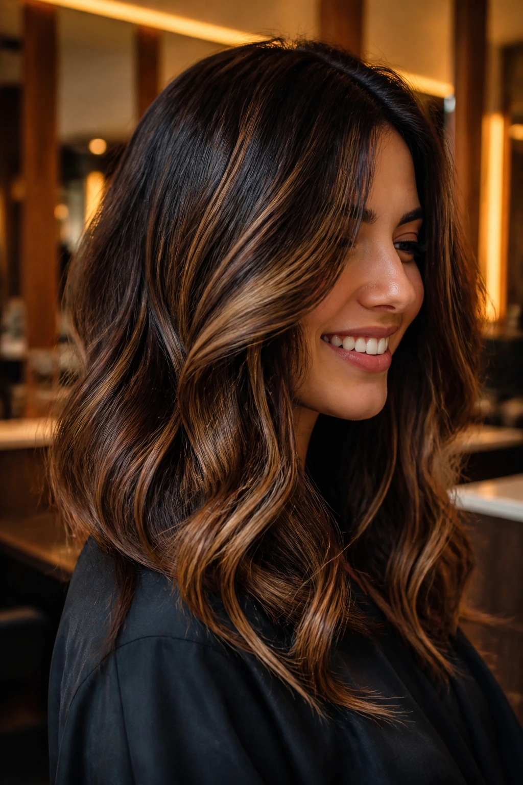 Close-up portrait of a person with espresso hair and amber frosting highlights
