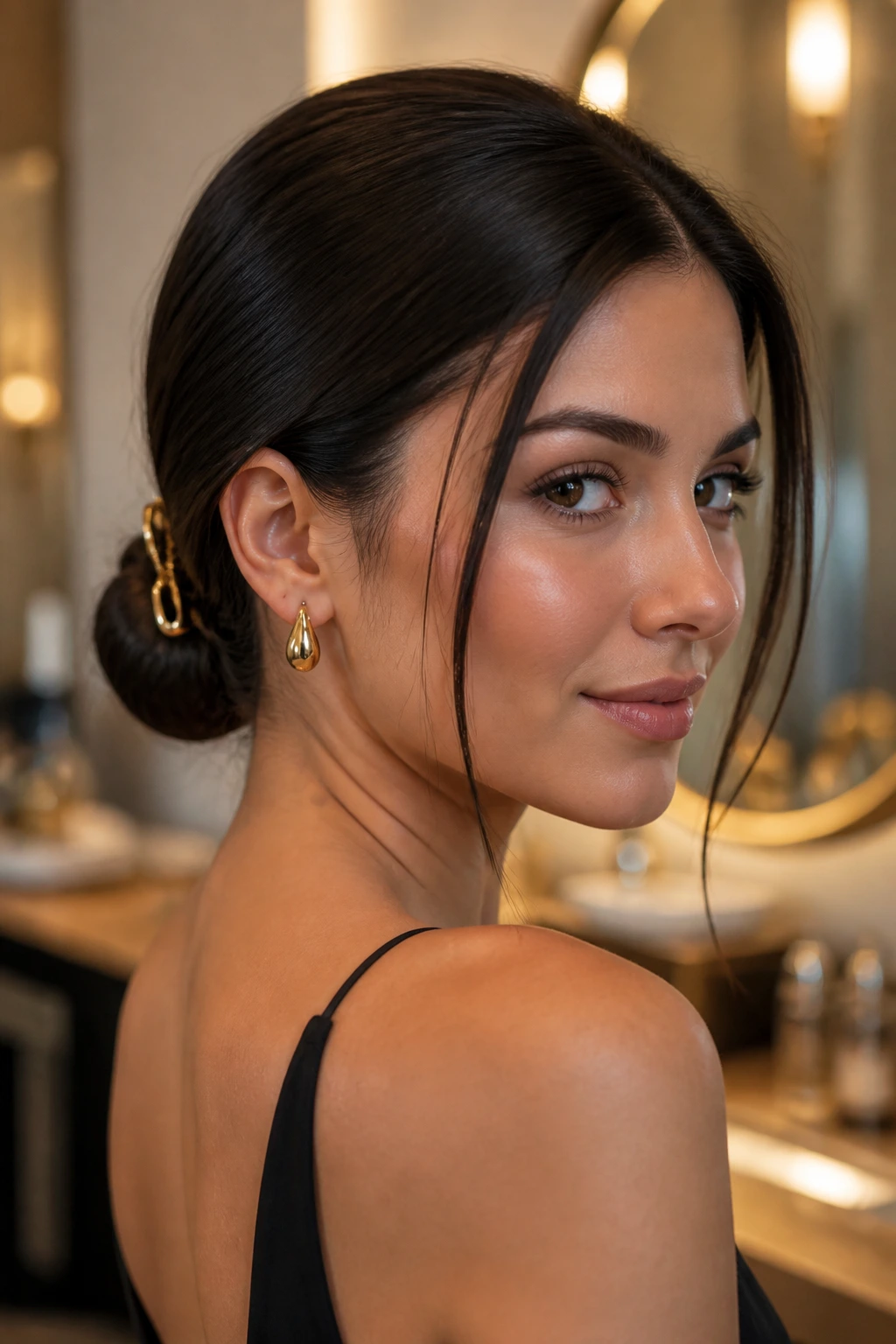 Close-up of real woman with sleek espresso bun and gold barrette