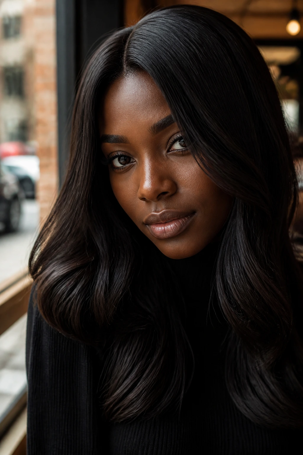 Close-up portrait of a woman with espresso chocolate hair and cool undertones at a cafe window