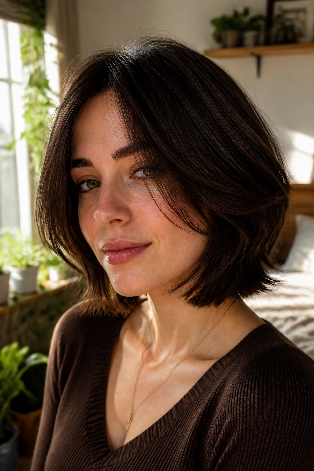 Woman with espresso color and feathered layers catching light