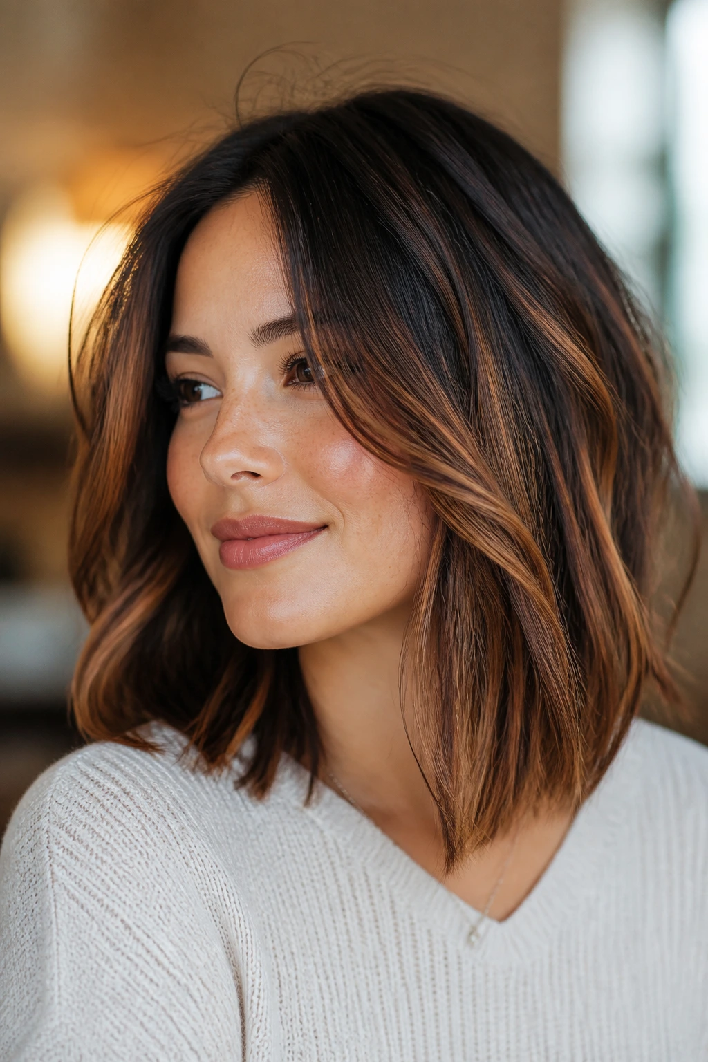 Portrait of a woman with espresso base and copper balayage on a lob