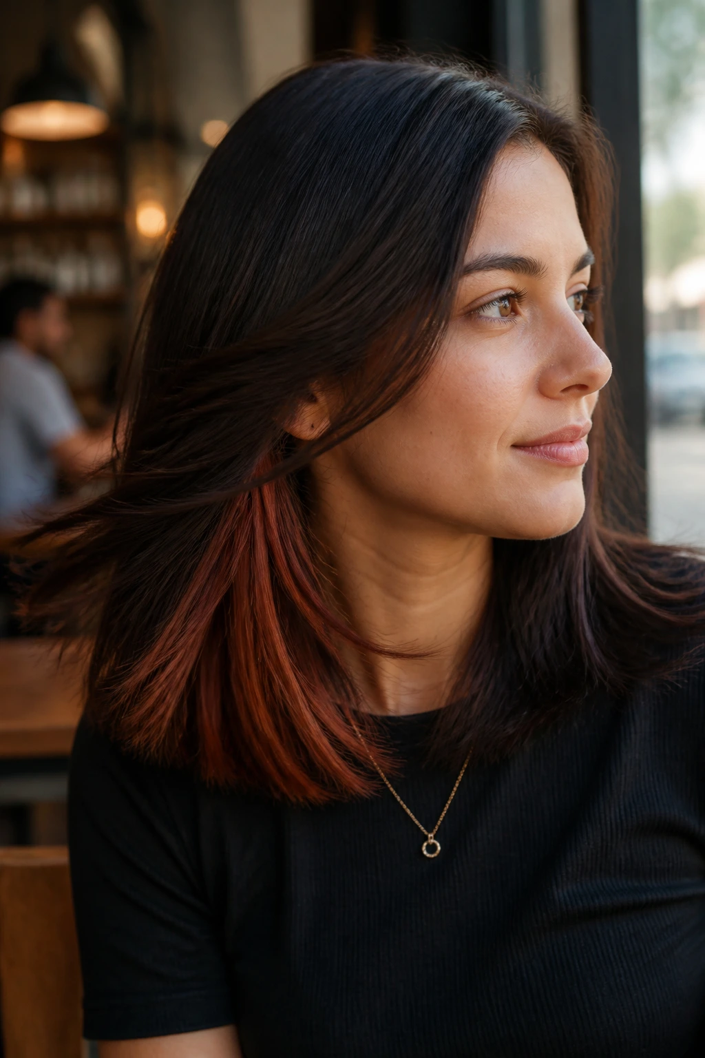 Portrait of a woman with espresso outer layer and copper under-layer at the nape