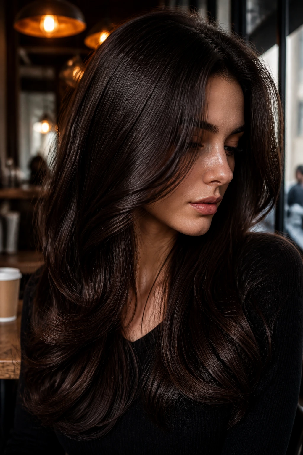 Close-up of a person with deep espresso brown hair and glossy shine