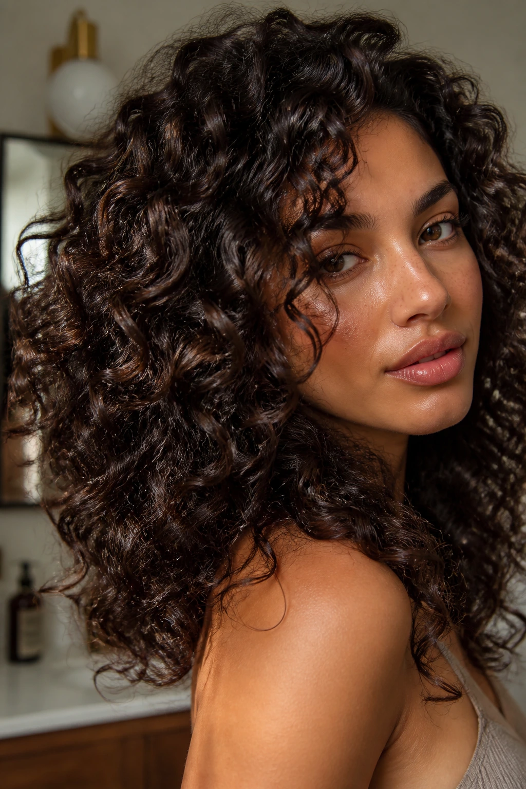 Close-up of a real person with espresso glaze on curly hair in a warm bathroom