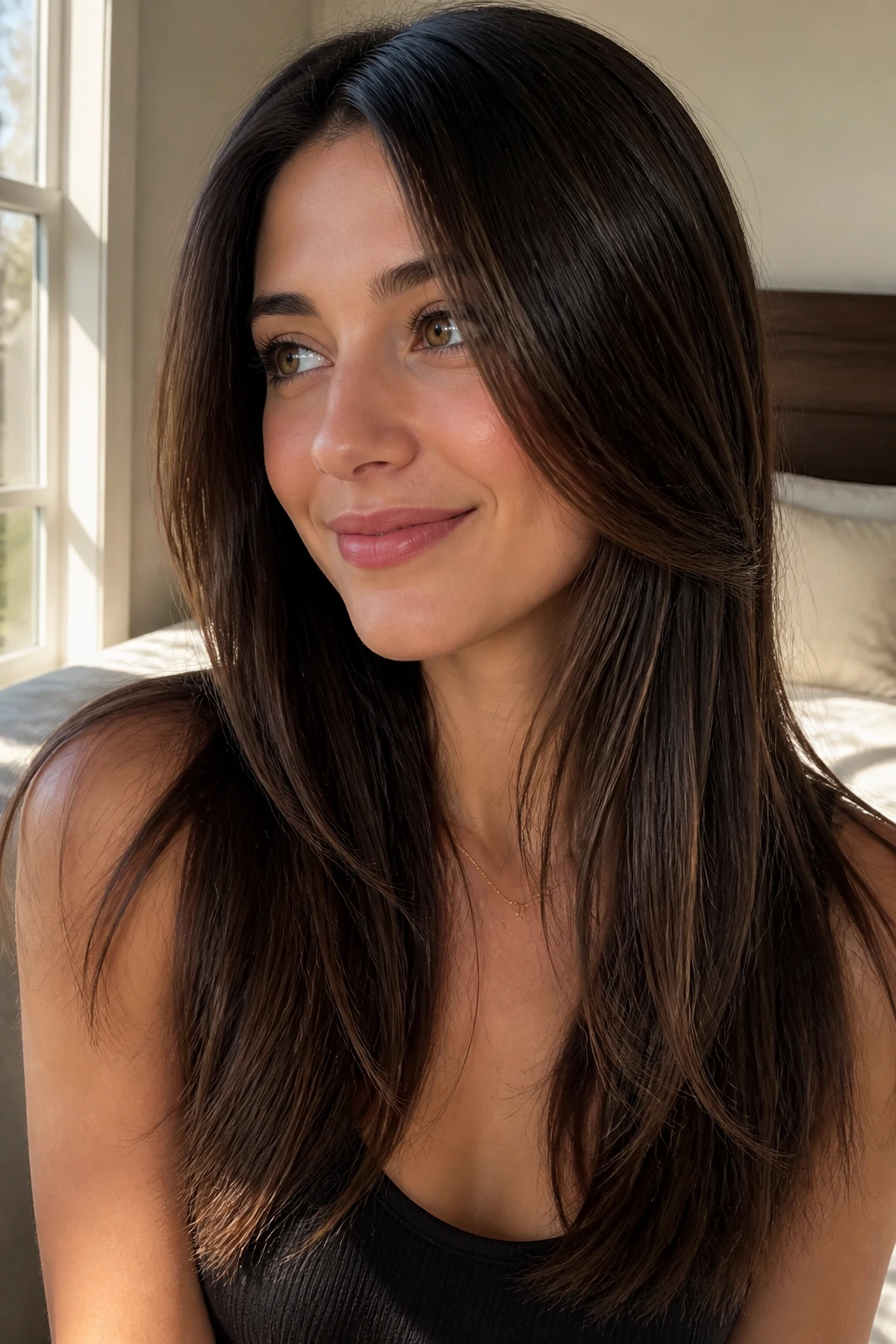 Close-up of real woman with espresso hair and caramel lowlights