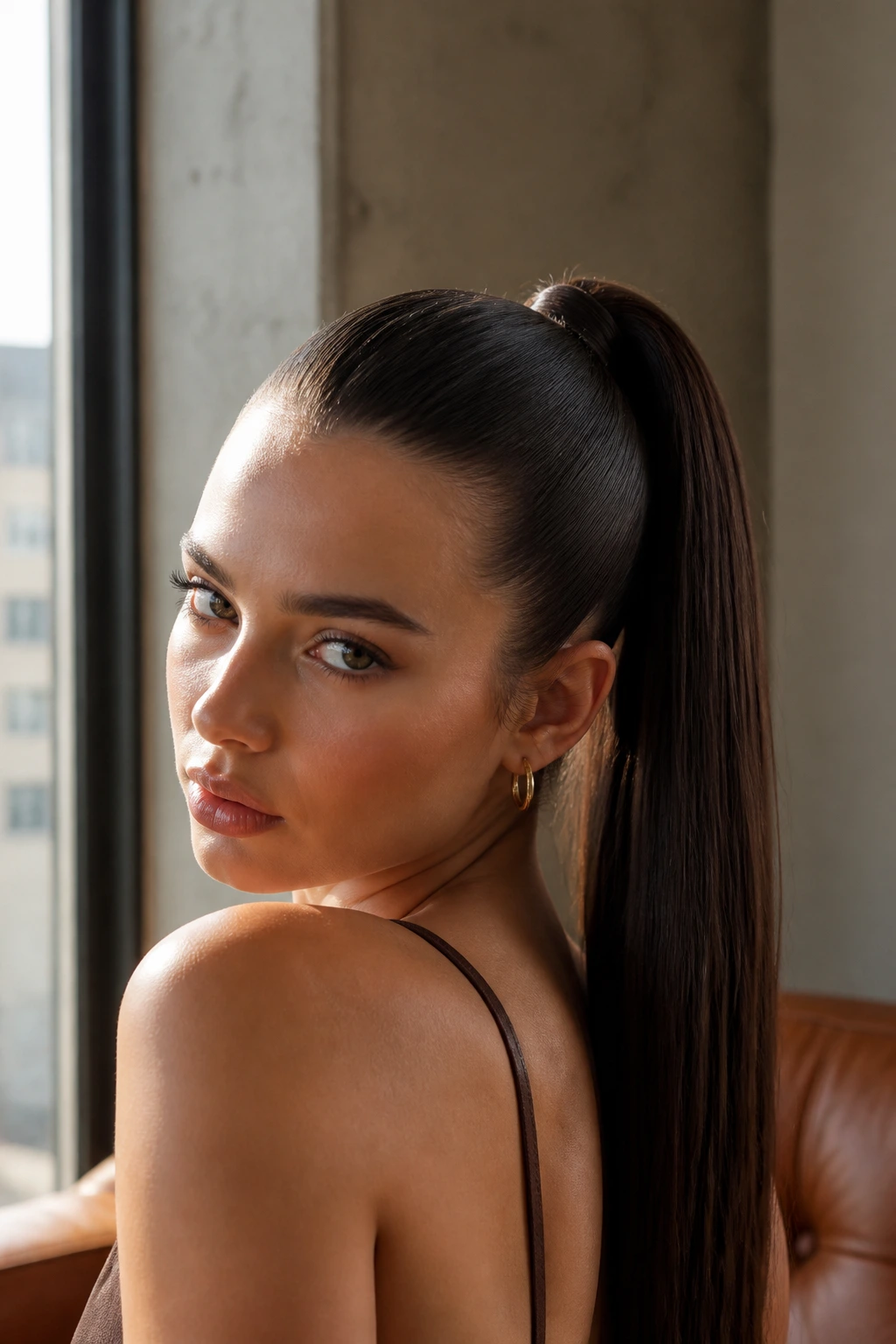 Close-up of a woman with a high espresso ponytail