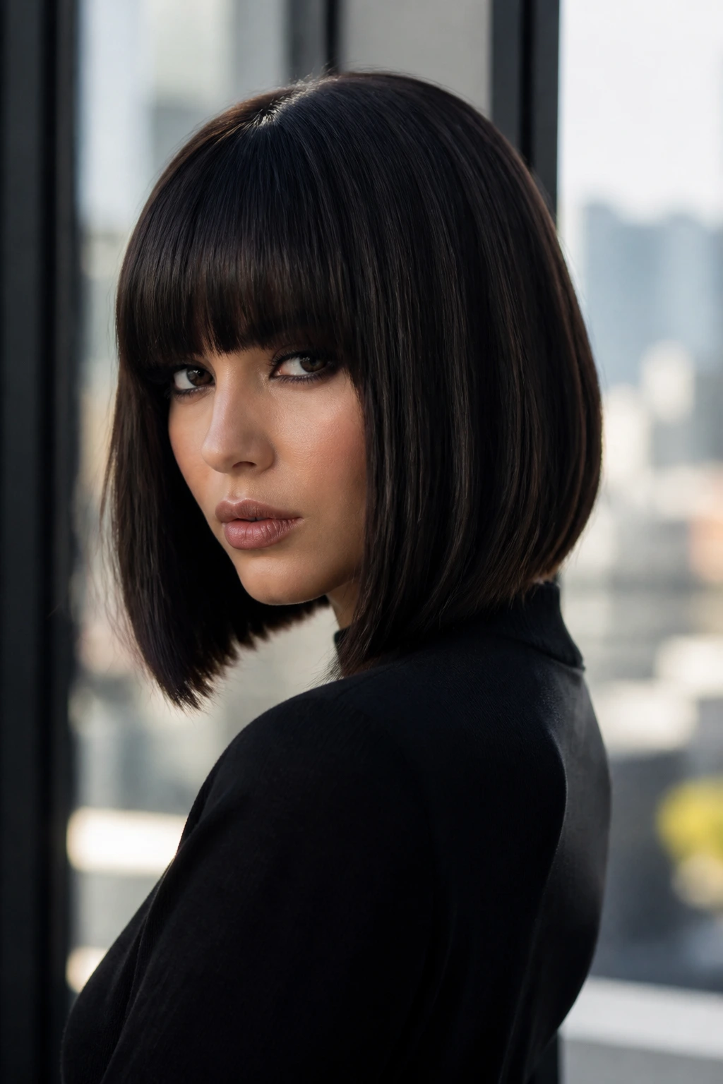 Woman with espresso lob and blunt fringe in a chic setting