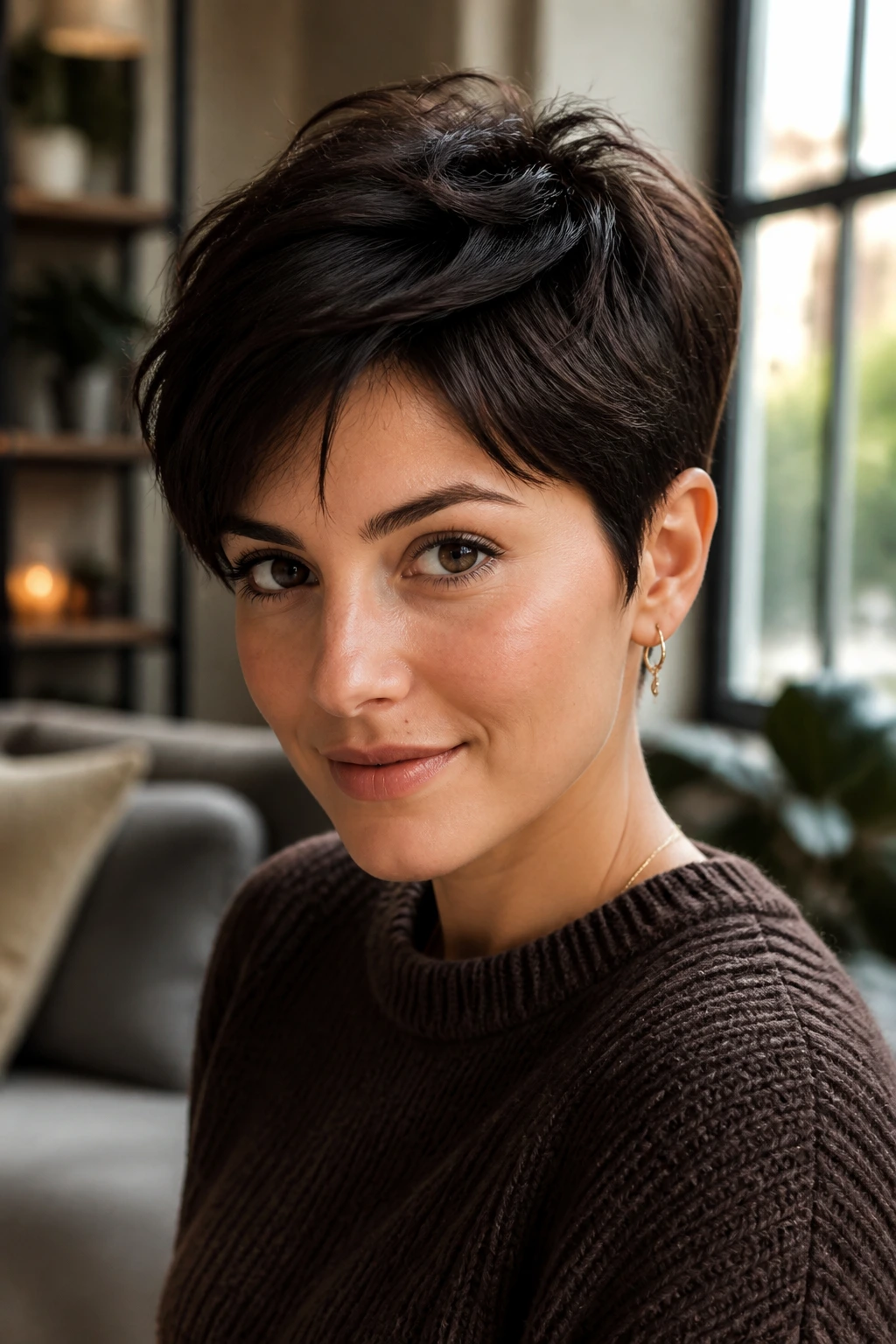 Close-up portrait of a woman with a textured espresso pixie in warm window light