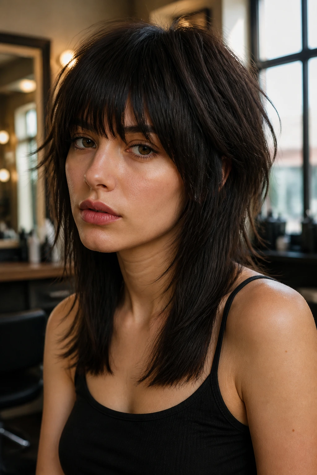 Close-up portrait of a real woman with espresso shag featuring straight-cut ends