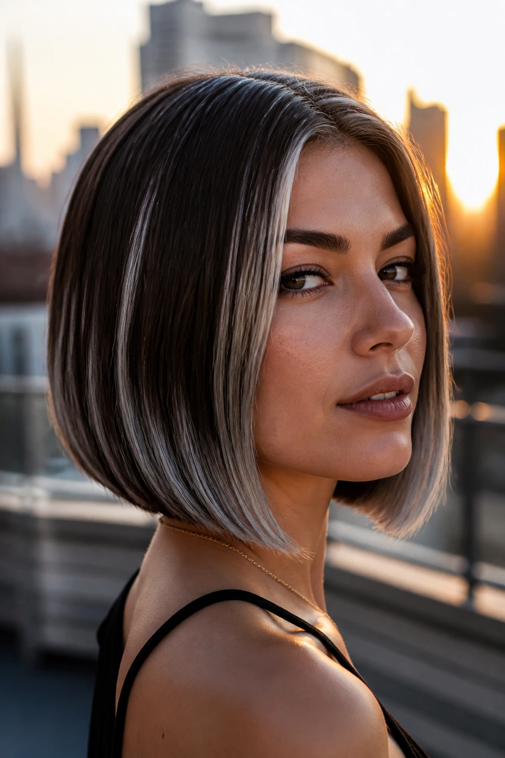 Close-up of a real woman's espresso-brown hair with silver frosting highlights