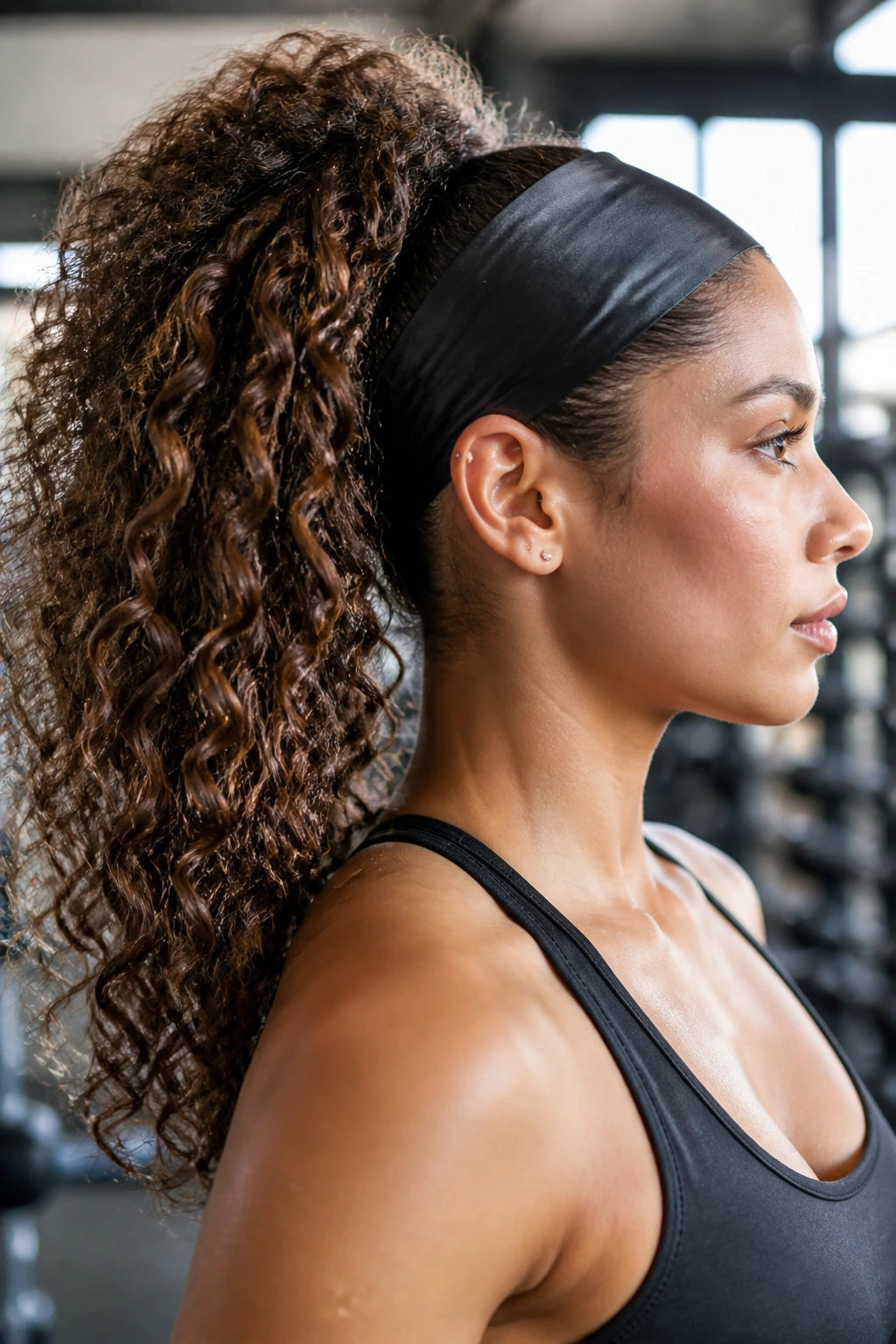 Real athlete with high ponytail and satin headband during workout
