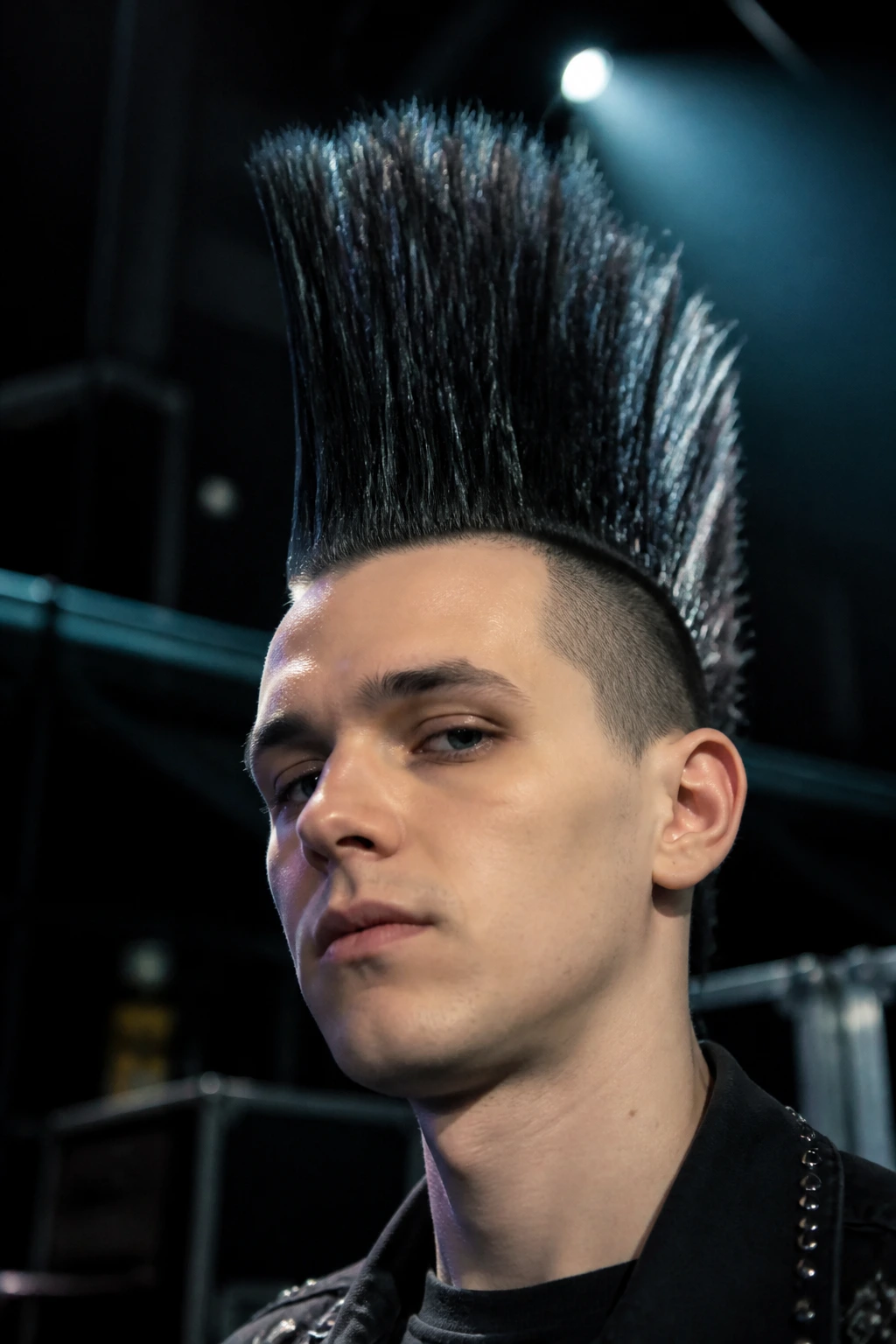Close-up portrait of a real person with an extreme-height fohawk under stage lighting backstage