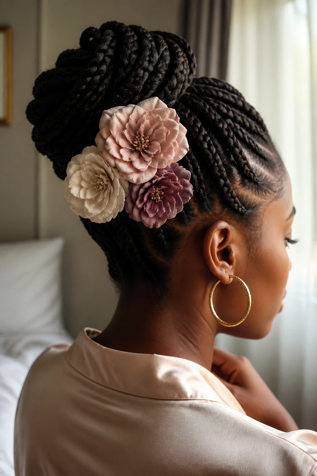 Close-up of fabric flower clips in braided updo on real person
