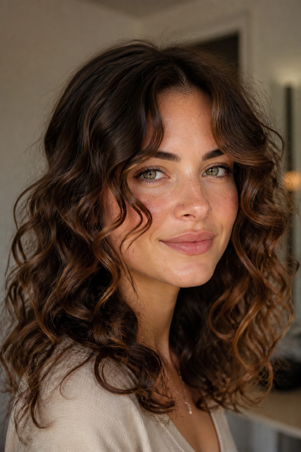 Close-up of face-framing curls on a real woman in soft light