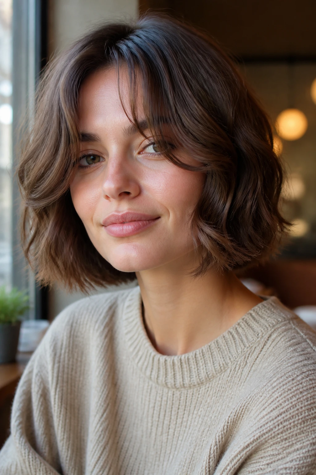 Close-up of a real woman with face-framing curtain bob in natural light