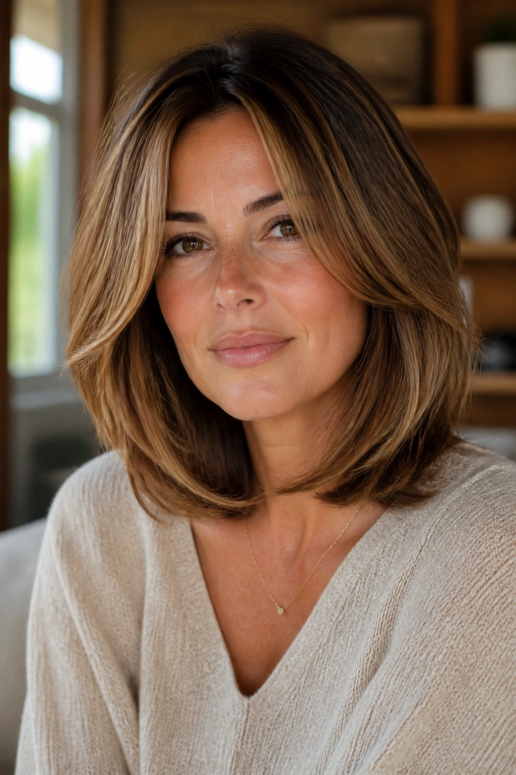 Close-up portrait of a real woman with soft face-framing layers around the jawline