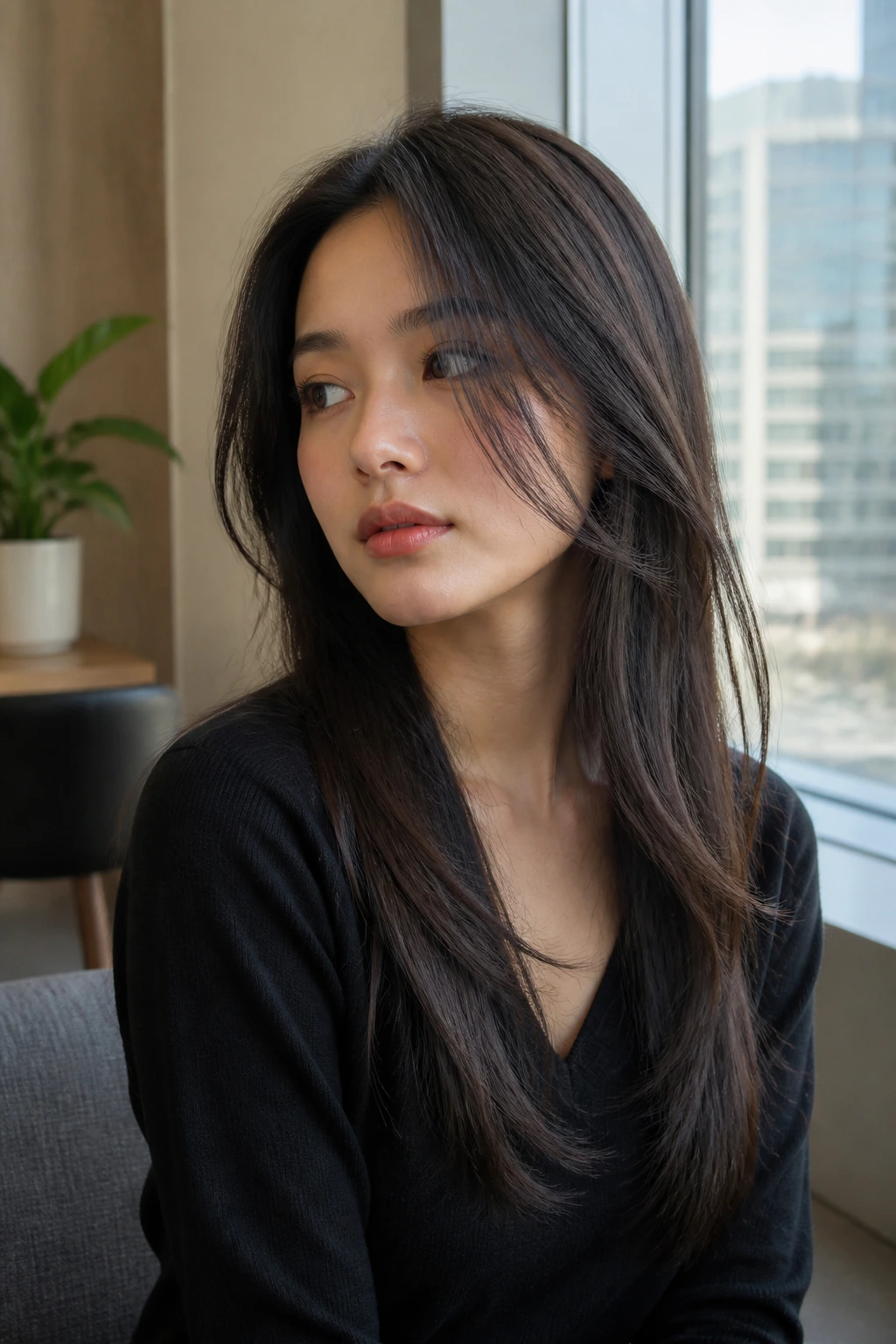 Close-up of a woman with long hair and face-framing layers in an office setting