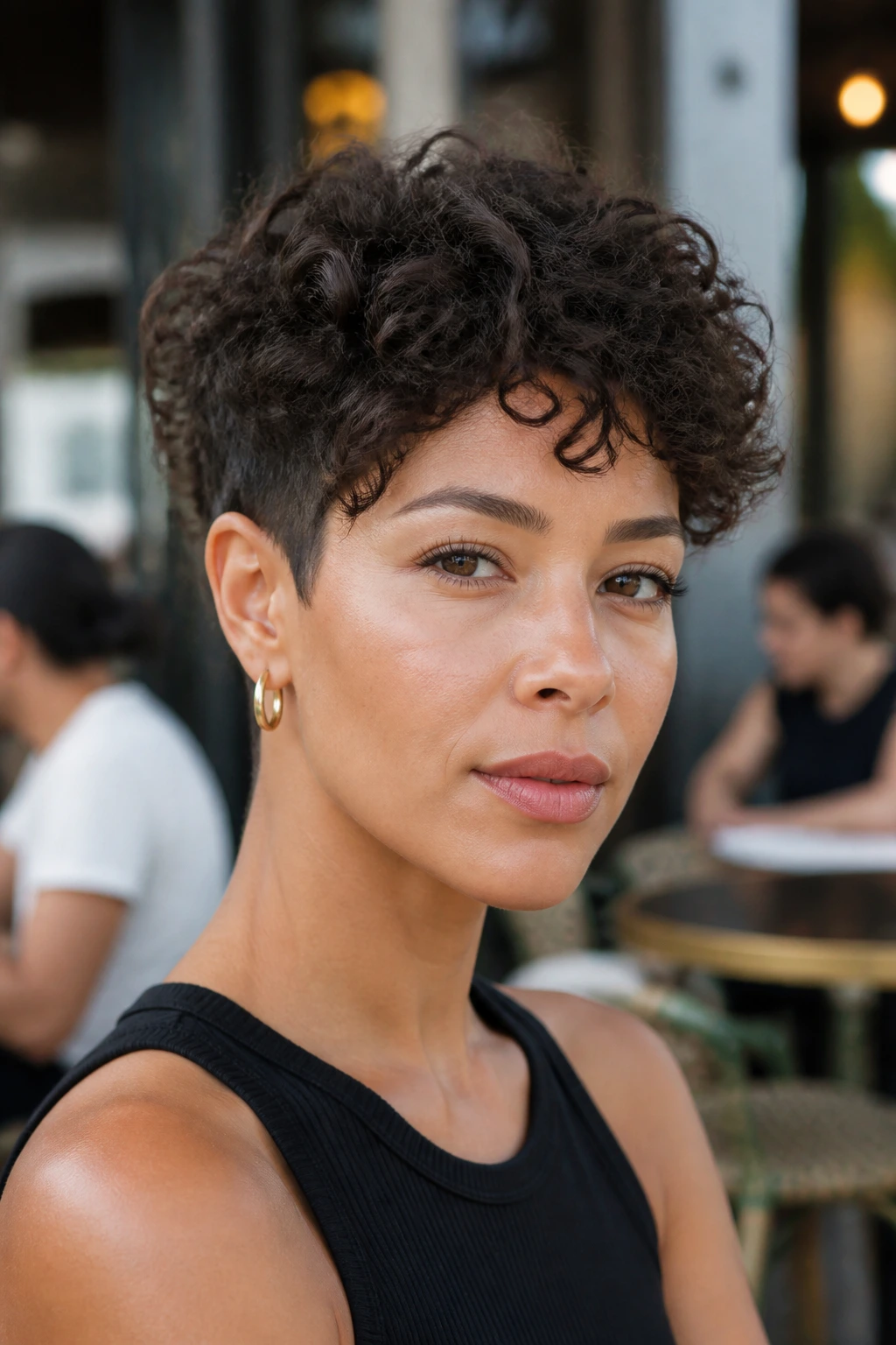 Portrait of a woman with a face-framing taper hairstyle in cafe light