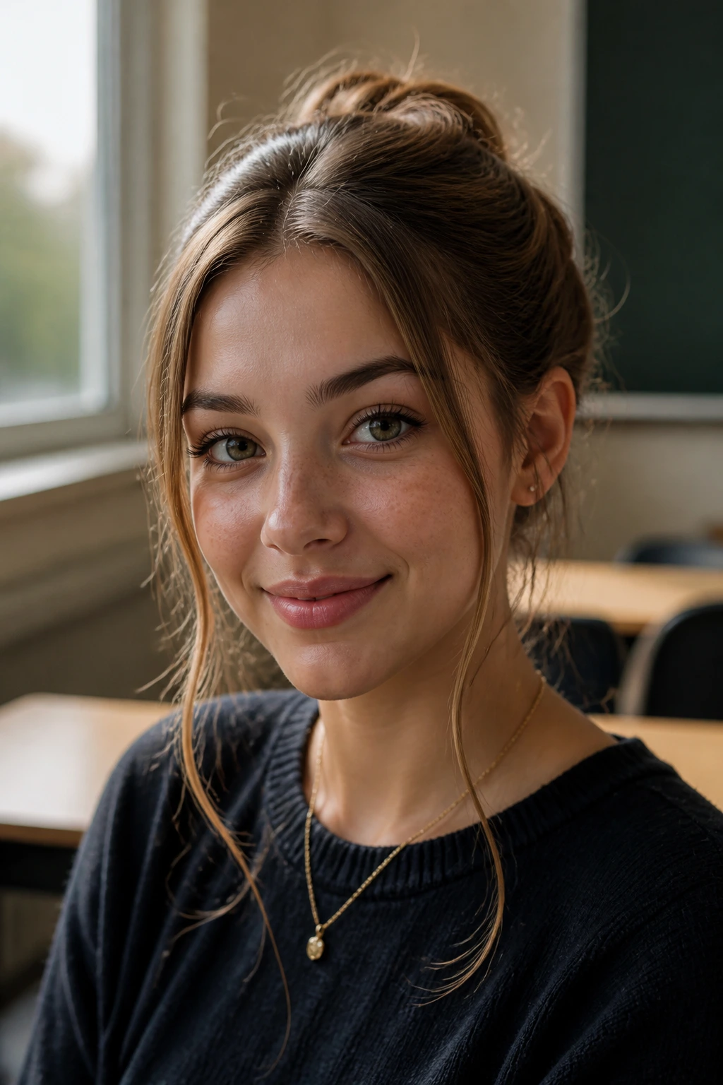 Close-up portrait with face-framing tendrils near a classroom window