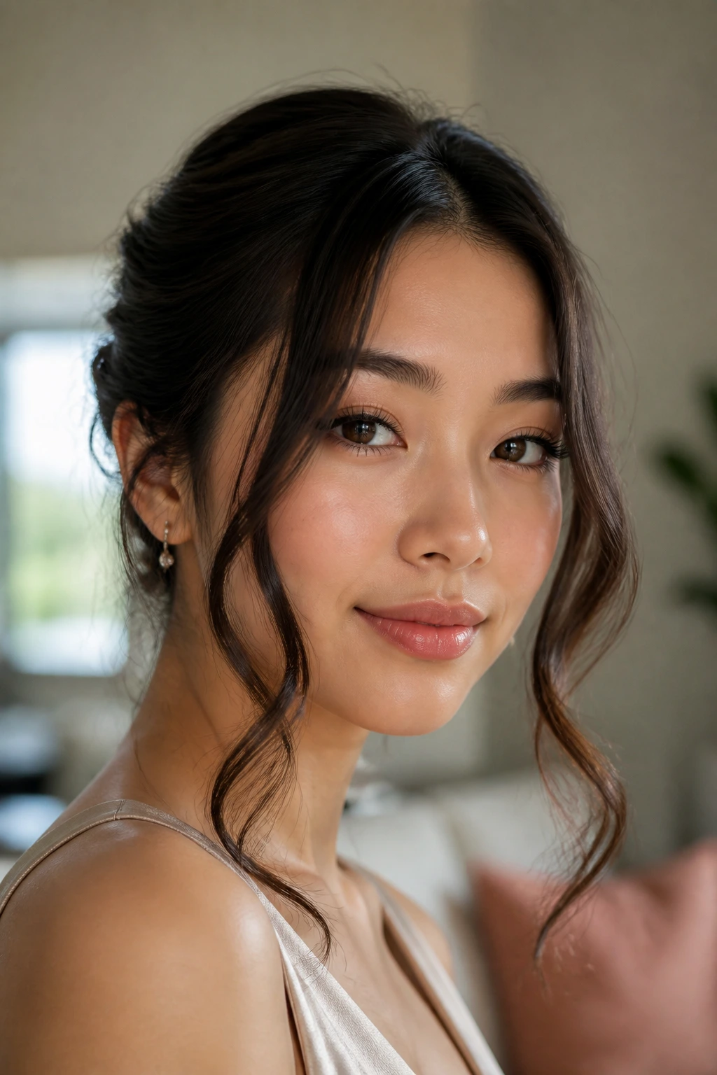 Close-up of a real woman with face-framing tendrils and soft waves in softly lit room