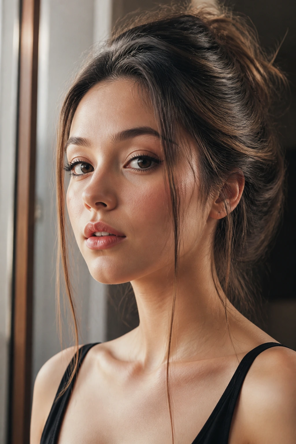 Close-up of a woman with two subtle, straight face-framing strands framing her cheeks