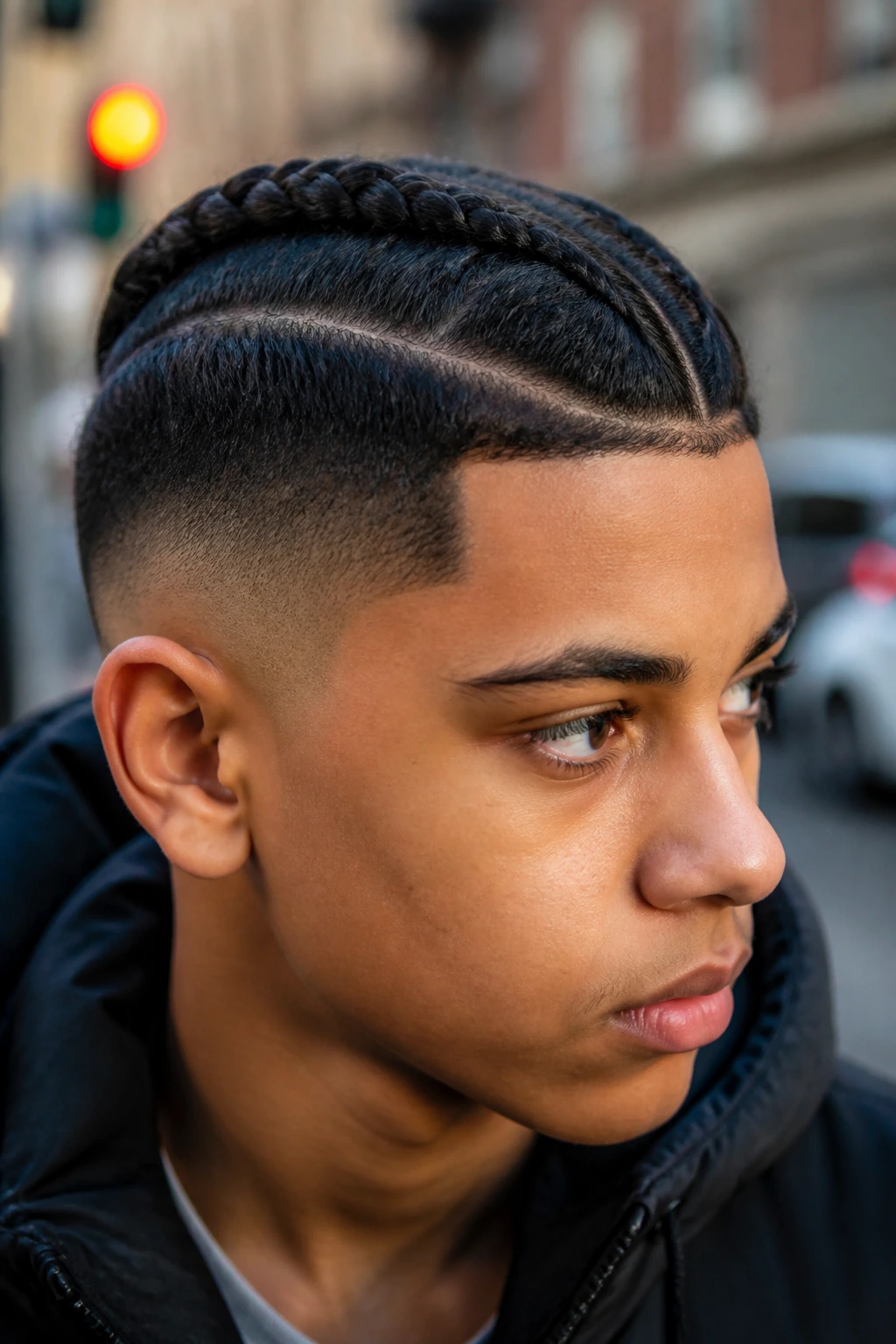 Close-up of a real teen with fade and braided top hairstyle