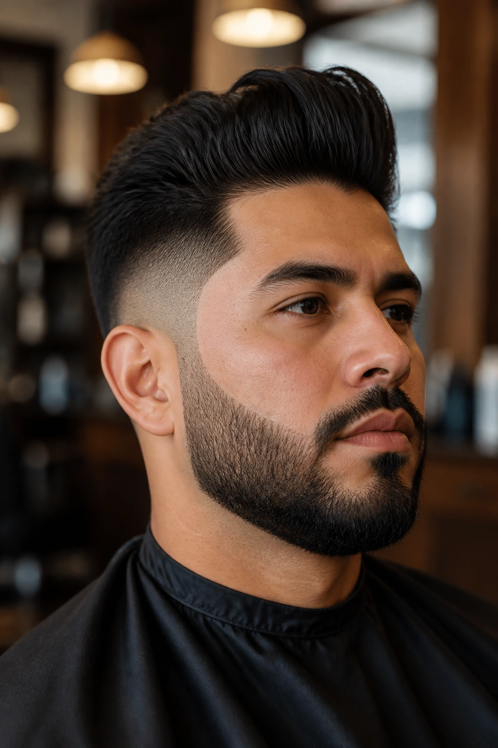 Close-up portrait of a real person with a quiff blending into a tapered beard.