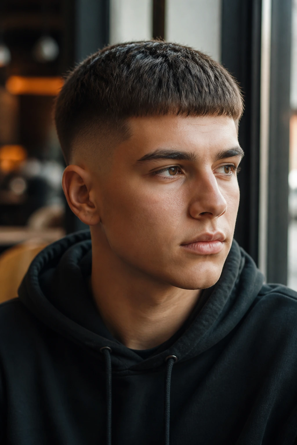 Close-up of a real person with a faded Caesar haircut in a cafe setting