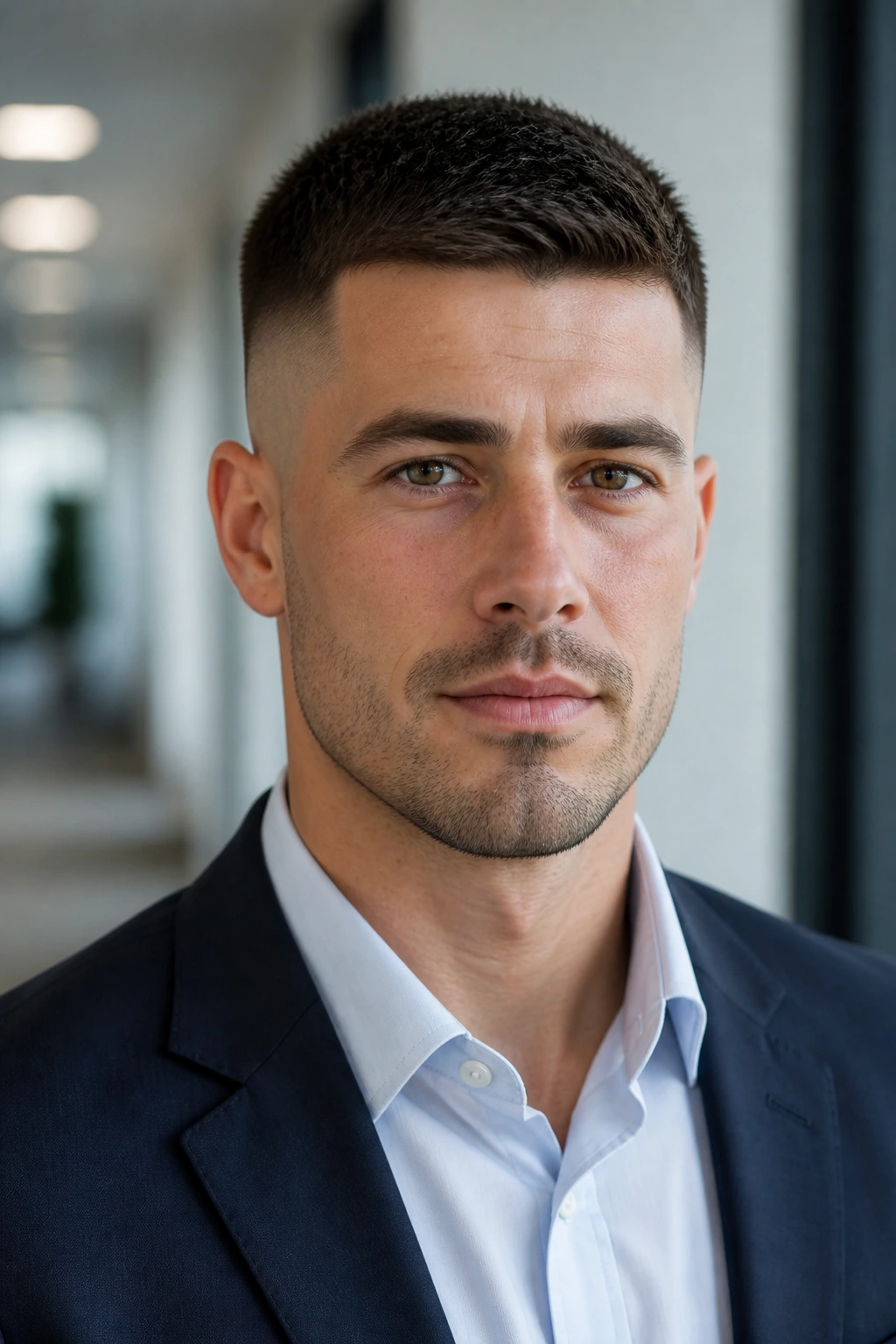 Close-up portrait of a man with a faded crew cut hairstyle